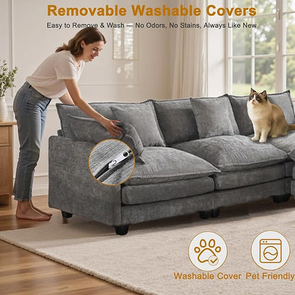 Cloud Chenille L-Shaped Sofa with Ottoman, 77" Space Saving Sectional Loveseat with Chaise, for Small Spaces, Easy Assembly, 1YR Warranty