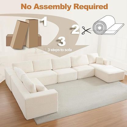 Modular Sectional Cloud Couch for Living Room,Modern Boneless Couche Set with Plush Corduroy,Comfy Floor Sofa with Memory Foam,Stupendous U Shaped Sofa with Chaise,No Assembly Required,Beige