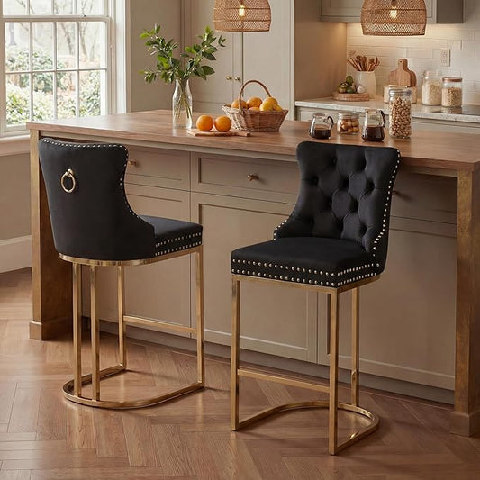 Counter Height Bar Stools Set of 2 for Kitchen Island, Modern Bar Stools with Backs, 26 Inch Barstools with Upholstered Velvet Seat and Metal Frame, Black