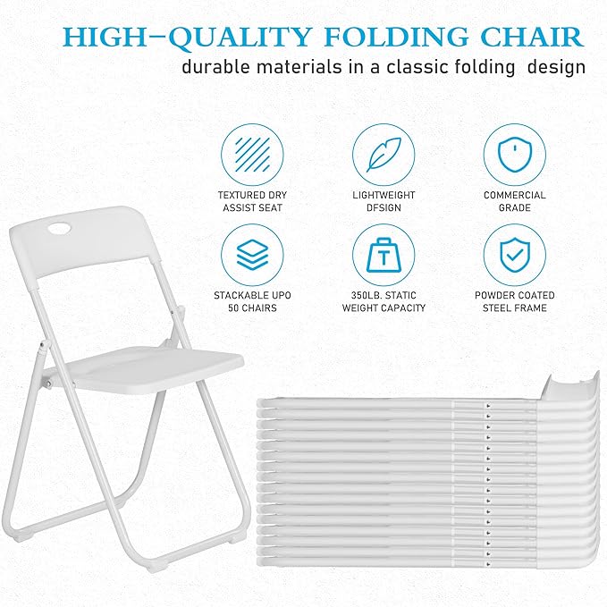 30 Pack White Plastic Folding Chairs, Indoor Outdoor Portable Stackable Commercial Seats with Steel Frame for Home Office Wedding Party Events Kitchen Dining, 350lb Capacity