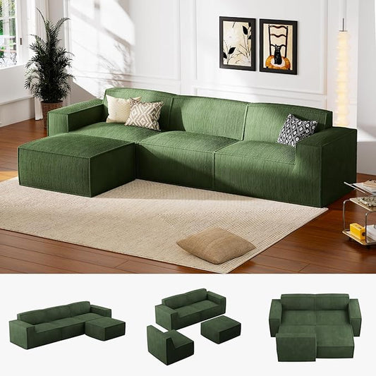 Marsail Modular Sectional Sofa, 111" L-Shaped Cloud Boneless Sectional Couch with Deep Seat, Freely Combinable Modern Sofa for Living Room, No Assembly, Plush Corduroy Fabric, Green