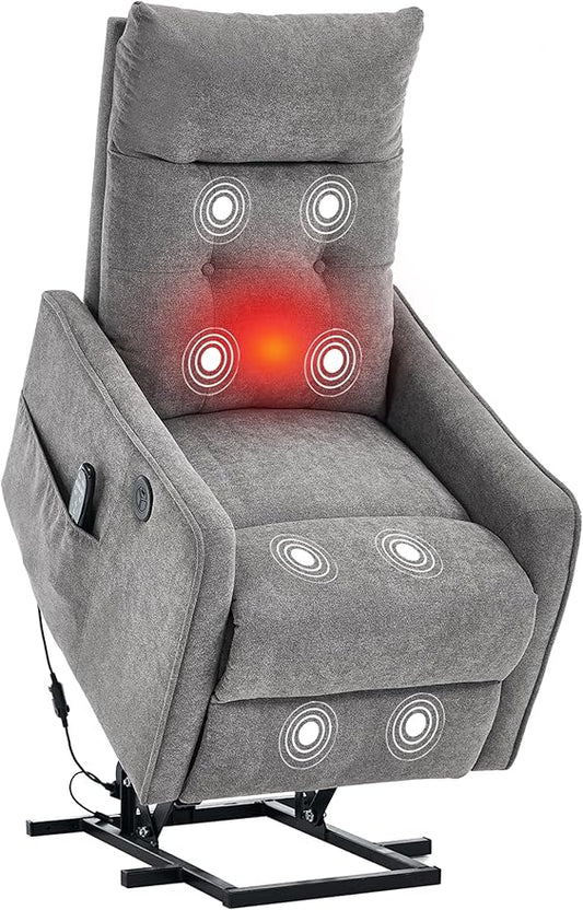 PELUMY Manual Lift Recliner Chair with Massage and Heat for Elderly, Single Motor Electric Lift Chair, Heavy Duty Recliner with USB Charging & Side Pockets (Chenille, Light Grey)