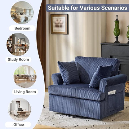 Karl home 39" Swivel Accent Chair,Oversized Seat Armchair W/2 Pillows and 4 Pockets,Modern Upholstered Corduroy Barrel Chair,Comfy Single Sofa for Living Room,Reading,Bedroom and Office-Dark Blue
