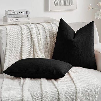 FUTEI Black Chenille Decorative Throw Pillow Covers 18x18 Inch Set of 2,Soft Cozy Striped Geometric Patterns Cushion Cases,Modern Home Decor for Couch Bed Living Room