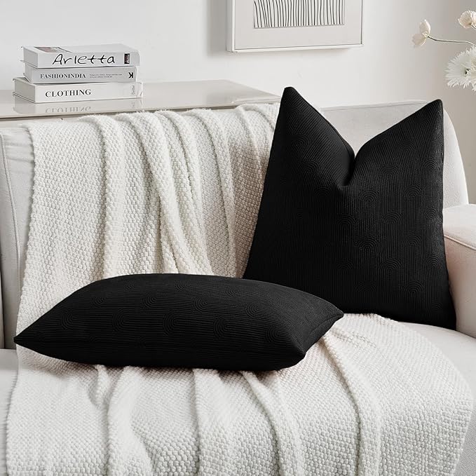 FUTEI Black Chenille Decorative Throw Pillow Covers 24x24 Inch Set of 2,Soft Cozy Striped Geometric Patterns European Cushion Cases,Modern Home Decor for Couch Bed Living Room