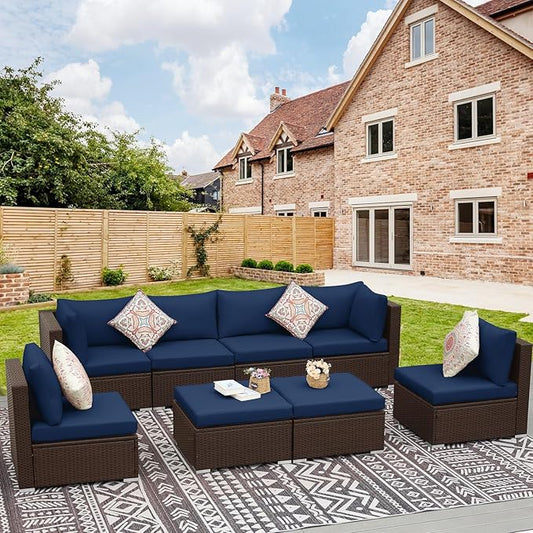 NICESOUL 8 Person Modern Deck Furniture Set, 29.3'' High Back Comfy Outdoor Sectional Sofa Set, Extra Large Wicker Patio Conversation Seating Sets for Terrace, Brown Rattan and Navy Blue Cushion