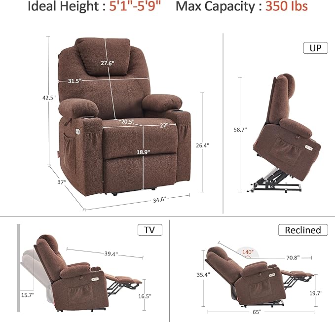 MCombo Power Lift Recliner Chair for Elderly, Lift Chair with Heat and Massage, FSC Certified, USB&Type C Ports, Cup Holders, Fabric 7040 (Medium,Coffee)