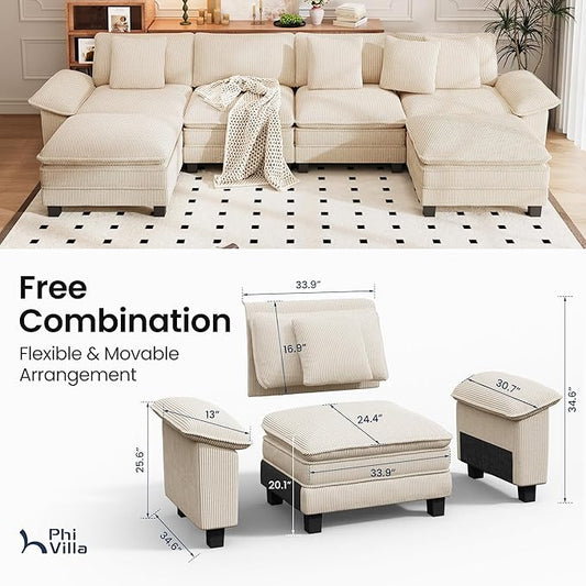 PHI VILLA Cloud Modular Couch Sets, 157.5" Sectional Sofa with U-Shaped Chaise, 6-Seater Couches with Movable Ottomans for Living Room, Corduroy Fabric, Beige