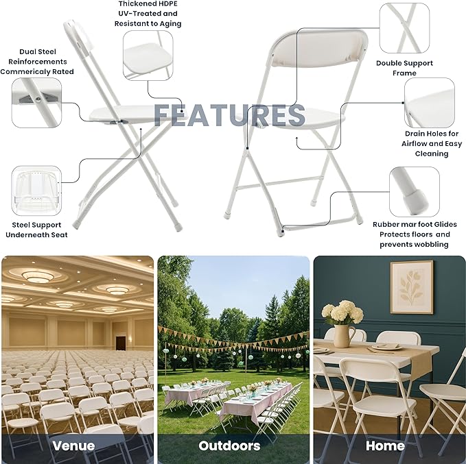 BTEXPERT Set of 10, White Plastic Folding Chairs Steel Frame Commercial 650LB High Weight Capacity Event Chair Lightweight for Office Wedding Party Picnic Kitchen Dining Church School - 10
