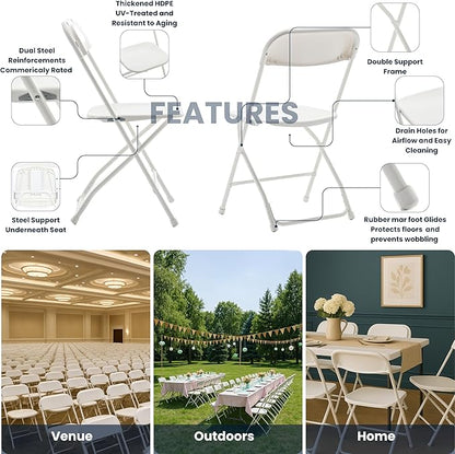 BTEXPERT Set of 10, White Plastic Folding Chairs Steel Frame Commercial 650LB High Weight Capacity Event Chair Lightweight for Office Wedding Party Picnic Kitchen Dining Church School - 10