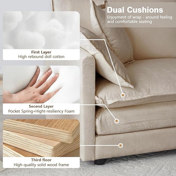 Modular Sectional Sofa, 111.5 Inch U-Shaped Cloud Sofa with Deep Seat Chenille Sofa with Cushions, Three-Self Sectional Sofa for Living Room Apartment,Light Coffee