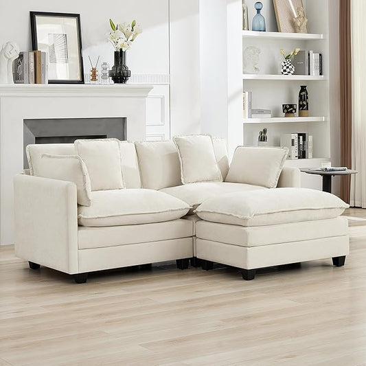 76'' Cloud Deep Seat Loveseat Sofa, Upholstered Chenille Modular 3-Seats Sectional Sofa Couch with Movable Ottoman, Modern Comfy Settee Loveseat for Living Room Set, Small Apartment, Beige