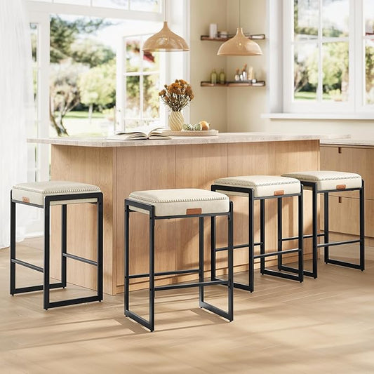 VASAGLE EKHO Collection - Bar Stools Set of 4, Counter Height Bar Stools, Synthetic Leather with Stitching, Mid-Century Modern Counter Stools, 26-Inch Tall, Kichen Home Bar Dining Room, Cream White