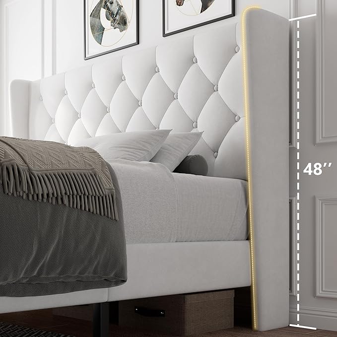 iPormis Queen Size Velvet Platform Bed Frame with Button Tufted Headboard, Upholstered Bed Frame with Solid Wooden Slats, 8" Underbed Space, No Box Spring Needed, Noise Free, Easy Assembly, White