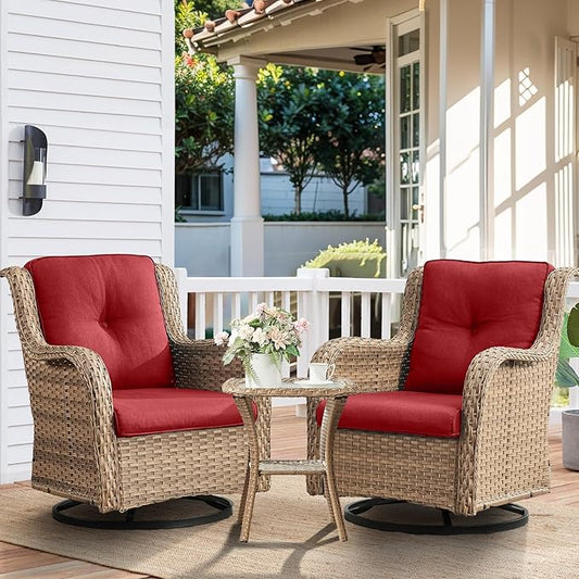 HUMMUH 3-Piece Swivel Rocking Rattan Chair Outdoor, Patio Bistro Furniture Conversation Set, Cushioned Wicker Chair with Glass Coffee Table(Yellow,Red)