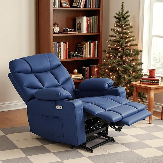 MCombo Power Lift Recliner Chair with Extended Footrest for Elderly People, Faux Leather 7287 (Navy Blue, Medium)