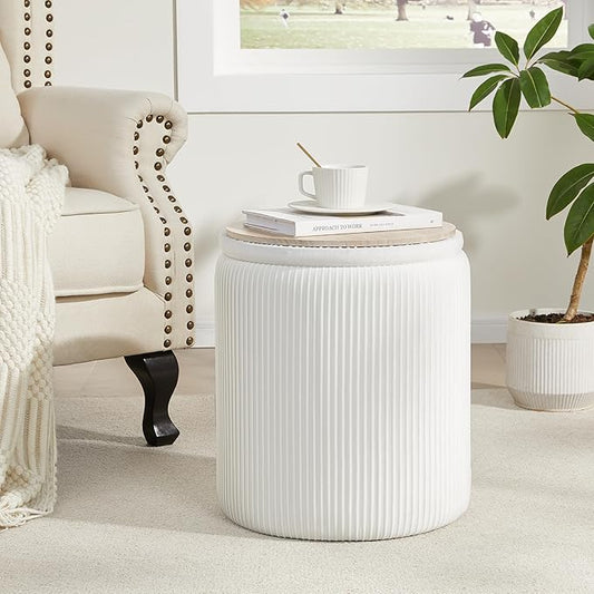 Royal Windsor Round Ottoman with Storage Set of 2,Vanity Stool with Storage for Bedroom, Ottoman Coffee Table,Small Velvet Foot Stool for Living Room, White