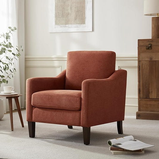 VKNOW Mid Century Modern Accent Chair, Upholstered Living Room Chairs Armchair for Bedroom, Comfy Reading Accent Chairs with Wood Legs for Living Room, Orange