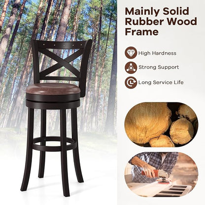 COSTWAY Bar Stools Set of 2, 30" Swivel Bar Height Bar Chairs with Copper Nails, Upholstered Seat, X-Shaped Backrest, Solid Rubber Wood Frame, for Kitchen Island Pub Bar