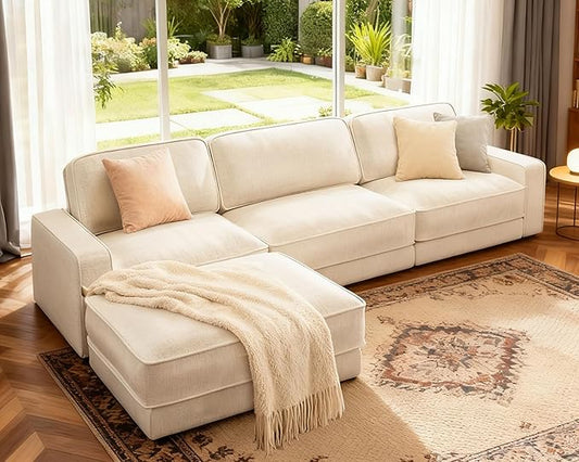 Sunny Heart 120" L-Shaped Modular Sectional Sofa, Oversized Cloud Couch with Movable Ottoman, 4-Seat Chenille Deep Seat Sofa with Pillow, Sectional Couches for Living Room, Apartment, Beige