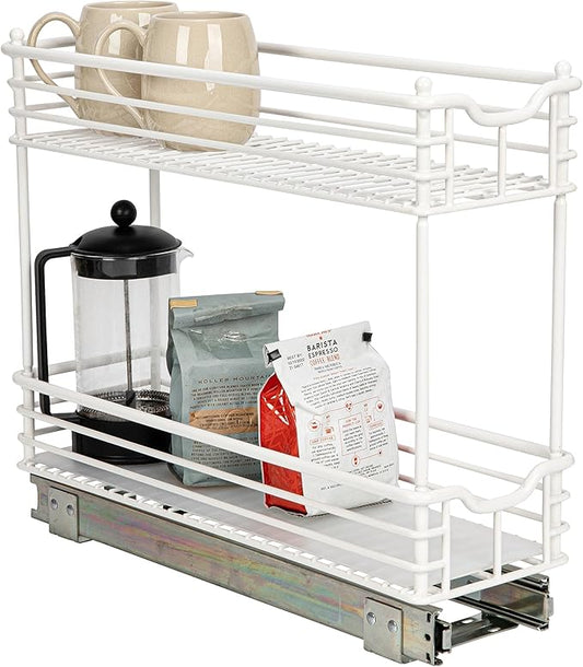 Household Essentials Glidez Multipurpose Paint-Finished Steel Pull-Out/Slide-Out Storage Organizer with Plastic Liners for Under Cabinet Use - 2-Tier Design, White