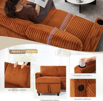 84" Corduroy Pull Out Sofa Bed w/Adjustable Backrests, Sectional L-Shape Sleeper Sofa w/Storage Chaise, Convertible Couch Bed w/USB Charging Port & Cup Holders for Living Room, House, Orange