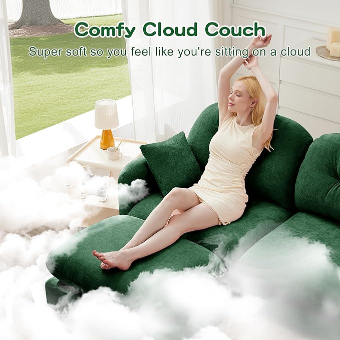 140" L Shaped Sofa for Living Room, Comfy Chenille Fabric Cloud Sectional Couch, Modern Upholstered Deep Seat Sofa with Pillow and Movable Ottoman, Oversized 4 Seater Sectional Sofa, Green