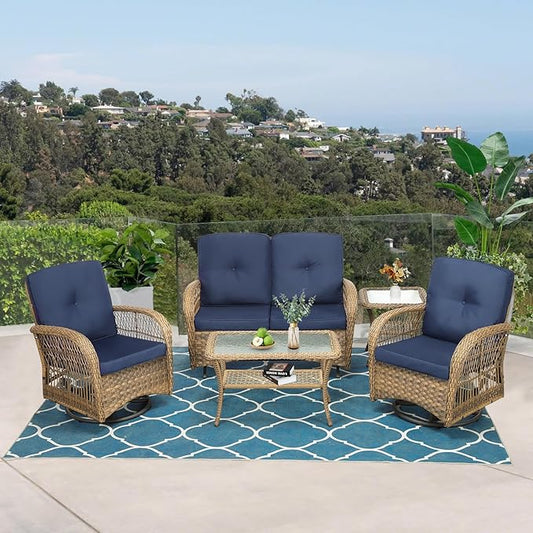 VIVIJASON 5-Piece Outdoor Patio Wicker Conversation Sets, All Weather Outdoor Rattan Furniture Set Includes Glider Loveseat, 2 Coffee Table, 2 Swivel-Gliders Chairs with Cushions, Navy Blue