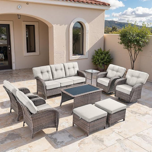 9-Piece Rotating Balcony Chair Set with 31-inch T-Shaped Wide backrest - Rattan Outdoor Rotating Balcony Chairs, Wide backrest Comfortable Outdoor Sliding Chair - Brown | Beige