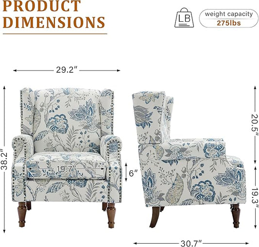 Floral Wingback Accent Chair, High Back Upholstered Armchair, Comfy Fabric Wingback Arms Chairs with Retro Solid Wood Legs, Single Sofa Reading Chair for Bedroom Living Room, Plants Blue