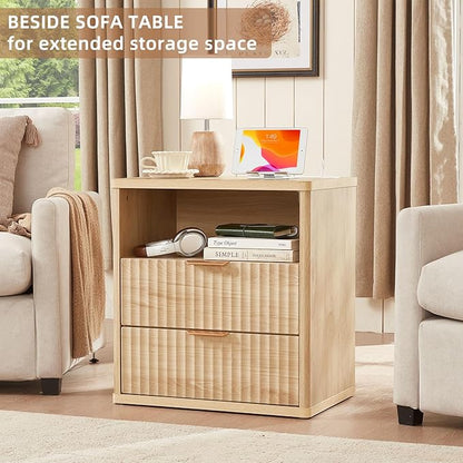 LEYAOYAO Fluted Nightstand with Charging Station, 23" Modern Night Stand with Woodgrain Top, 2 Drawers End Table w/Storage, Bedside Tables for Bedroom, Living Room, Curved Profile Design,Wood