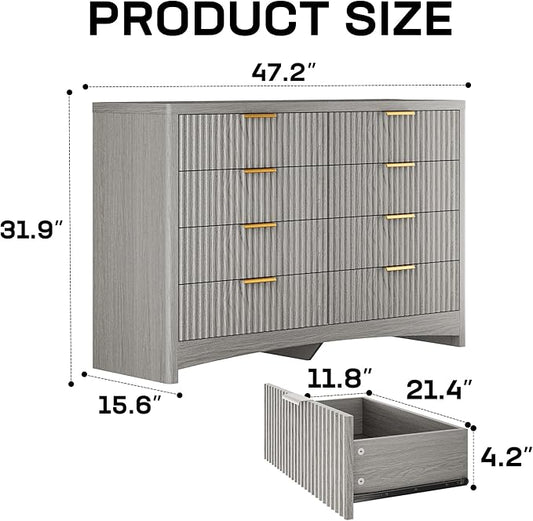 Marsail Fluted 8-Drawer Wide Wooden Dresser, Smooth Gliding Drawers & Large Capacity Storage Space, Modern Organizer Cabinet for Bedroom or Hallway, Light Grey