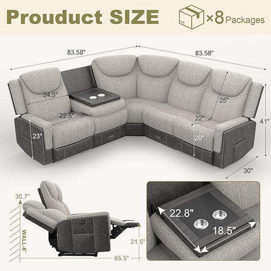 Manual Recliner Sectional Sofa for Living Room, Corner Couch with Flip Middle Backrest, USB Ports & Cup Holders, Grey Linen & Chocolate Leather, 5 Seater Sectional Couch