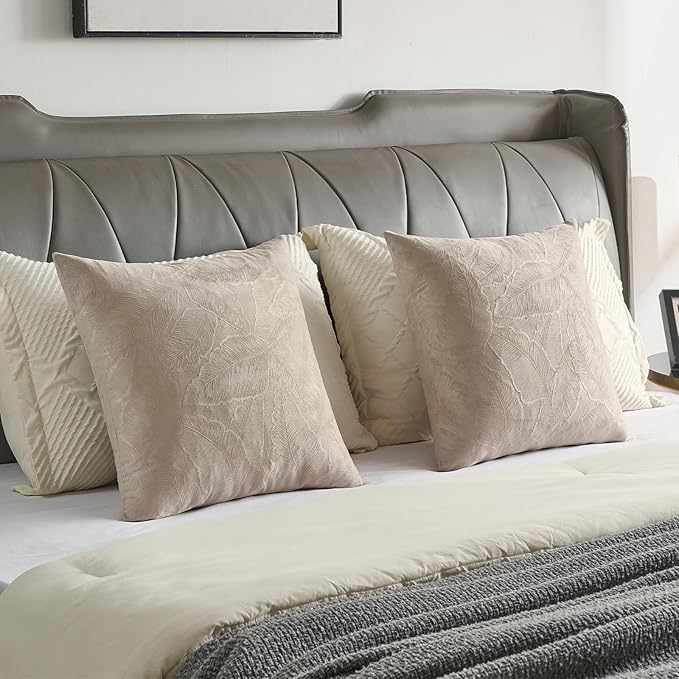 FUTEI Oatmeal Velvet Throw Pillow Covers 22x22 Inch Set of 2,Soft Embossed Leaf-Relief Textured Cushion Cases,Natural Home Decor for Couch Living Room