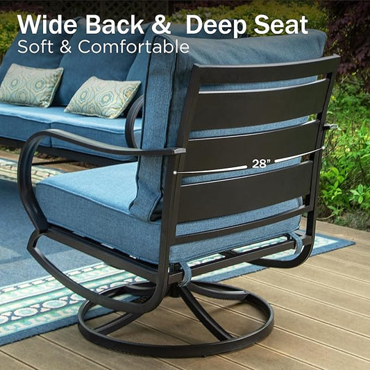 PHI VILLA 6 Piece Patio Furniture Sets with 1 x 3-Seat Wide Deep Seating Bench, 2 x Swivel Cushioned Sofa Chairs, 2 x Leg Sofa and 1 x Coffee Table, Outdoor Metal Furniture Set for 7 Person,Navy Blue