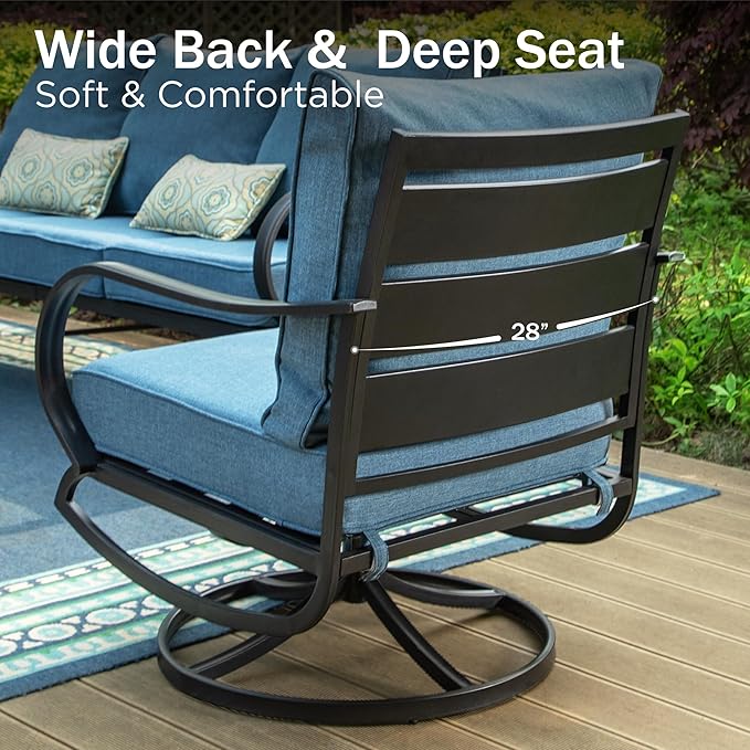 PHI VILLA Patio Furniture Set with FirePit Table, Outdoor Furniture with 1 x 3-Seat Deep Seating Bench, 2 x Swivel Sofa Chairs & 2 Ottomans, 5.75" Cushioned Outdoor Conversation Set for 5, Navy Blue