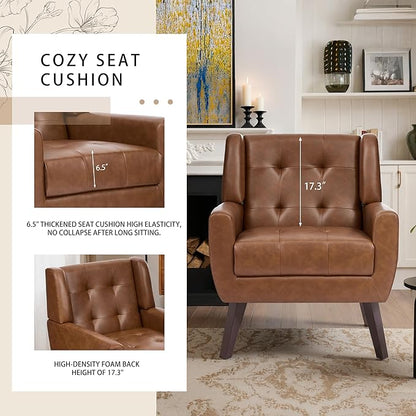 Faux Leather Accent Chairs Set of 4, Mid-Century Modern Upholstered Armchair, Comfy Living Room Chairs Reading Chairs with Button Tufted Back & Solid Wood Legs for Bedroom, Office, Coffee
