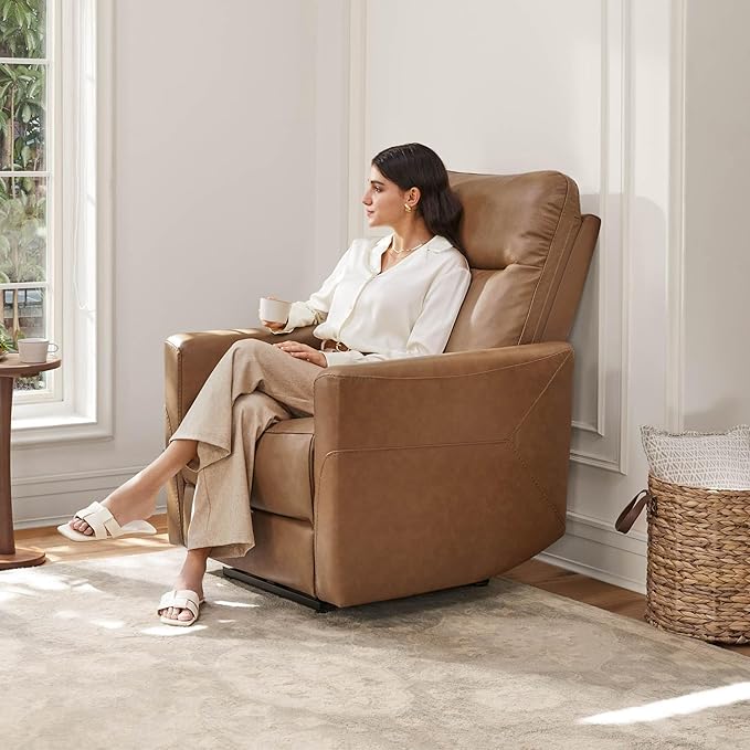 CHITA Genuine Leather Power Recliner Chair for Adults, Electric Wall Hugger Recliner for Small Spaces, Modern Living Room and RV Recliner Chair with Adjustable Power Headrest & Charging Ports, Brown