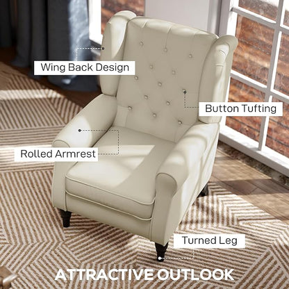 HOMCOM Mid-Century Modern Accent Chair, High Wingback Reading Chair, Button-Tufted Upholstered Fabric Armchair with Retro Wood Legs for Apartment, Living Room, Bedroom, Cream White