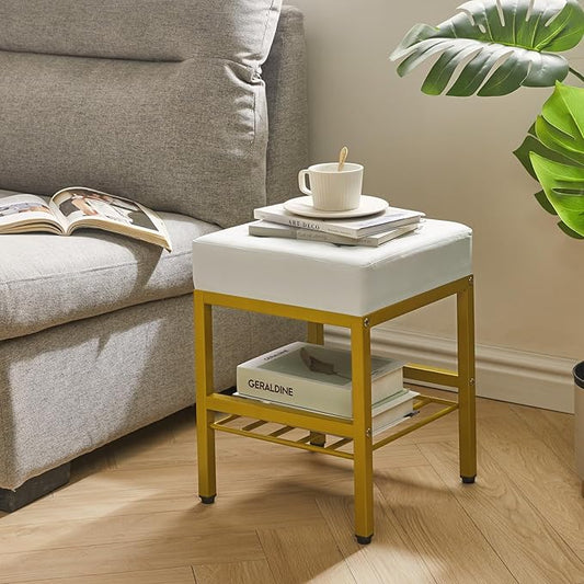 IBUYKE Square Makeup Stool with Adjustable Feet and Storage Space, Footrest Chair, PU Vanity Seat, Multi-Use as Small Side Table or Ottoman, for Bedroom, White LG-60W