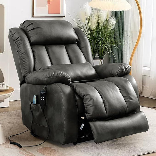 EDILLY Large Reclining Lift Chair, Dual Motor Massage Chair, Genuine Leather Recliner with Heating and Massage for Seniors, with Double Lumbar Cushion and Extended Footrest, USB Port(Silver Grey)
