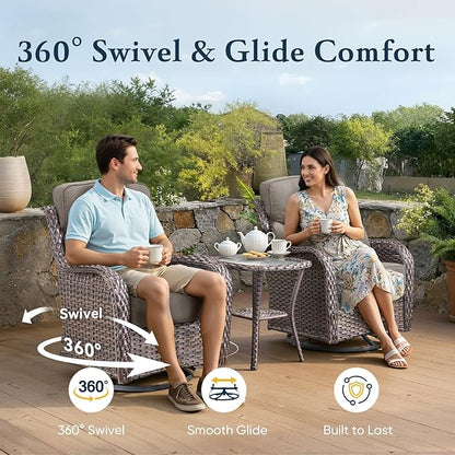 Belord Luxury 6" Thick Cushioned Outdoor Swivel Rocker Patio Chairs of 2, High Back Wicker Patio Furniture Set with Ergonomic Zone Back, Conversation Glider Set for Deck Porch - Brown+Grey