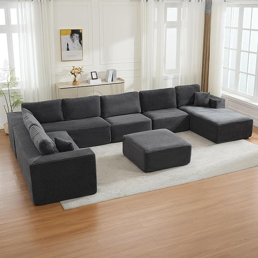 Modular Sectional Cloud Couch for Living Room,Modern Boneless Couche Set with Plush Corduroy,Comfy Floor Sofa with Memory Foam,Stupendous U Shaped Sofa with Ottoman,No Assembly Required,Grey