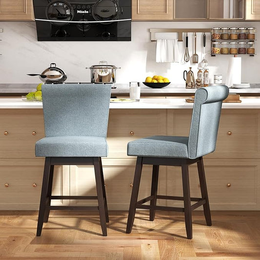 COSTWAY Swivel Bar Stools Set of 2, 27" Counter Height Bar Chairs with Rubber Wood Legs, Upholstered Linen Barstools with Back & Cushioned Seat, for Kitchen Island, Home, Grey