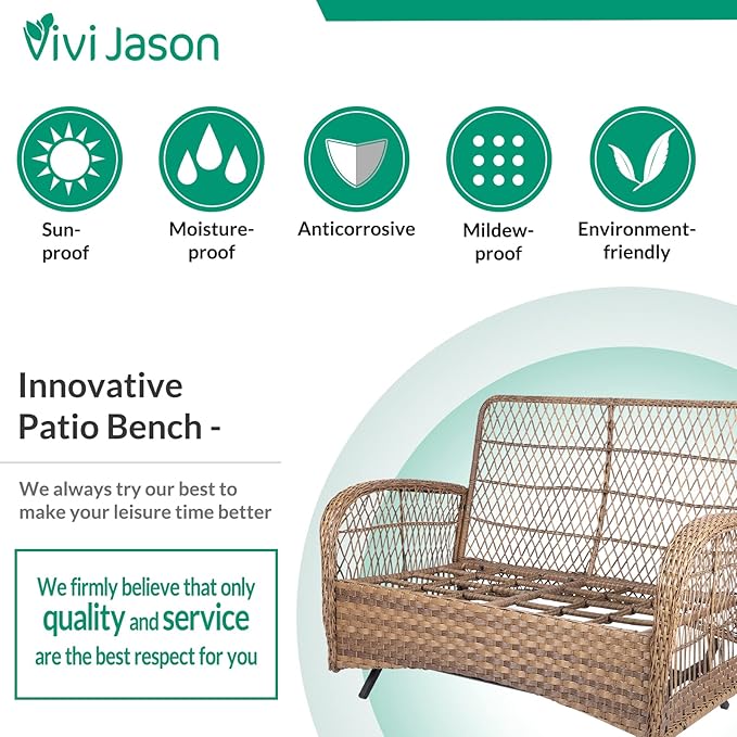 VIVIJASON 7-Piece Outdoor Patio Wicker Conversation Sets, All Weather Outdoor Rattan Furniture Set Includes Glider Loveseat, 2 Rocking Chairs, 2 Glider Rocker Chairs, 2 Coffee Table, Light Brown