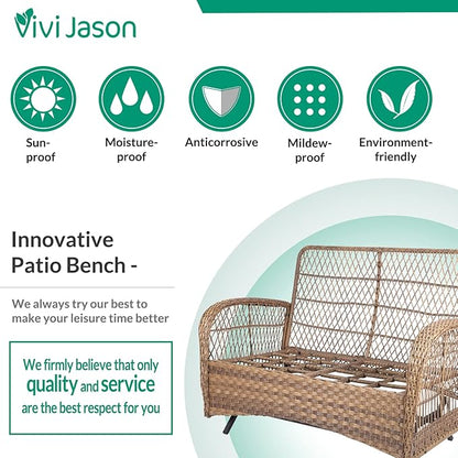 VIVIJASON 5-Piece Outdoor Patio Wicker Conversation Sets, All Weather Outdoor Rattan Furniture Set Includes Glider Loveseat, 2 Coffee Table, 2 Rocking Chairs with Cushions for Backyard, Light Brown