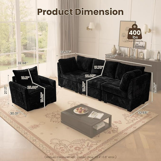 98" Modular Sectional Sofa Set with Swivel Chair, Modern Cloud Couch Plush Corduroy 3 Seater Deep Seat Sofas with Accent Armchair for Living Room Small Space, Black