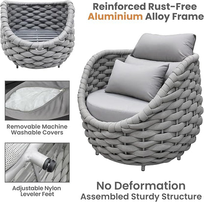 4 Pieces Courtyard Seating Set: Aluminum Woven Rope Patio Furniture Chair Set - All Weather Metal Outdoor Conversation Set - Assembled Armchair with Table Set for Bistro Deck Porch Balcony, Grey