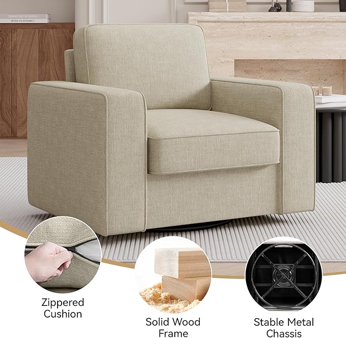 Swivel Accent Sofa Chair Set of 4, Modern Comfy Oversized Upholstered Cushion Back Armchair in Linen 1pcs for Living Room, Bedroom, Reading Room(Beige)