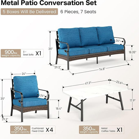 6 Piece Metal Outdoor Patio Furniture Set, Patio Conversation Sets with 3-seater Couch, 4 Single Sofa (5.75" Extra Thick Cushion) & Coffee Table, Black Frame Backyard Furniture, Blue-2